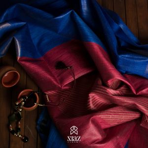 SIAZ LOOM - Handwoven Tussar Dupion Silk Sarees - Royal Blue - Pink