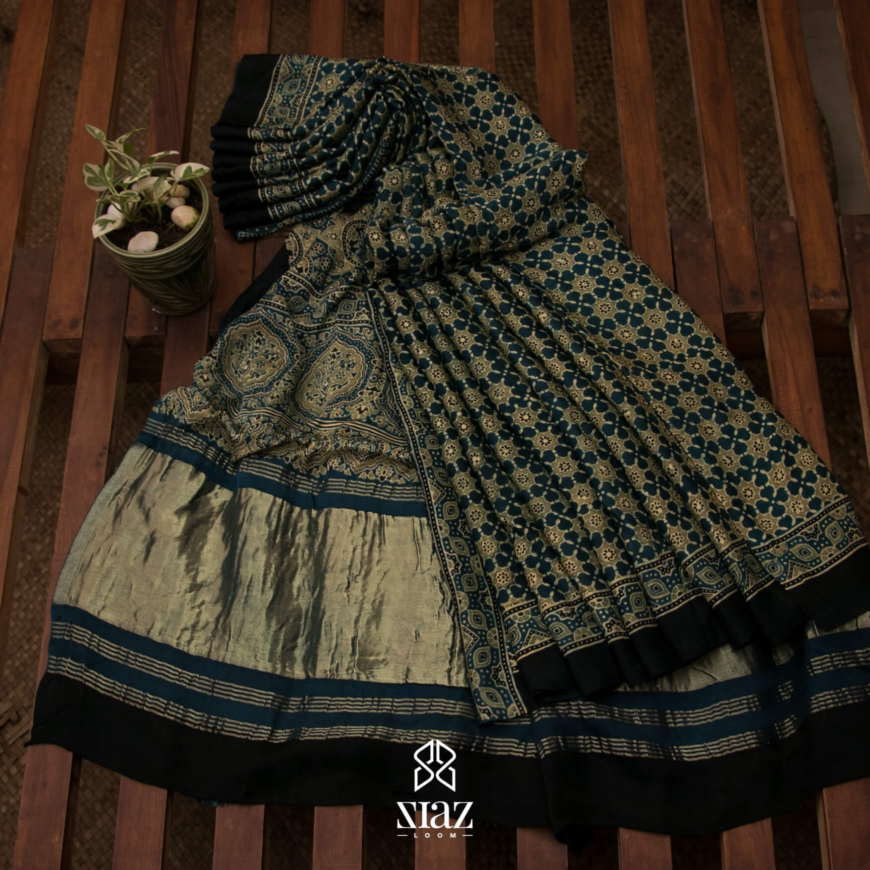 Ajrakh handblock printed modal silk saree with zari pallu / Blue ajrakh  saree, hand block saree. - Women's Clothing