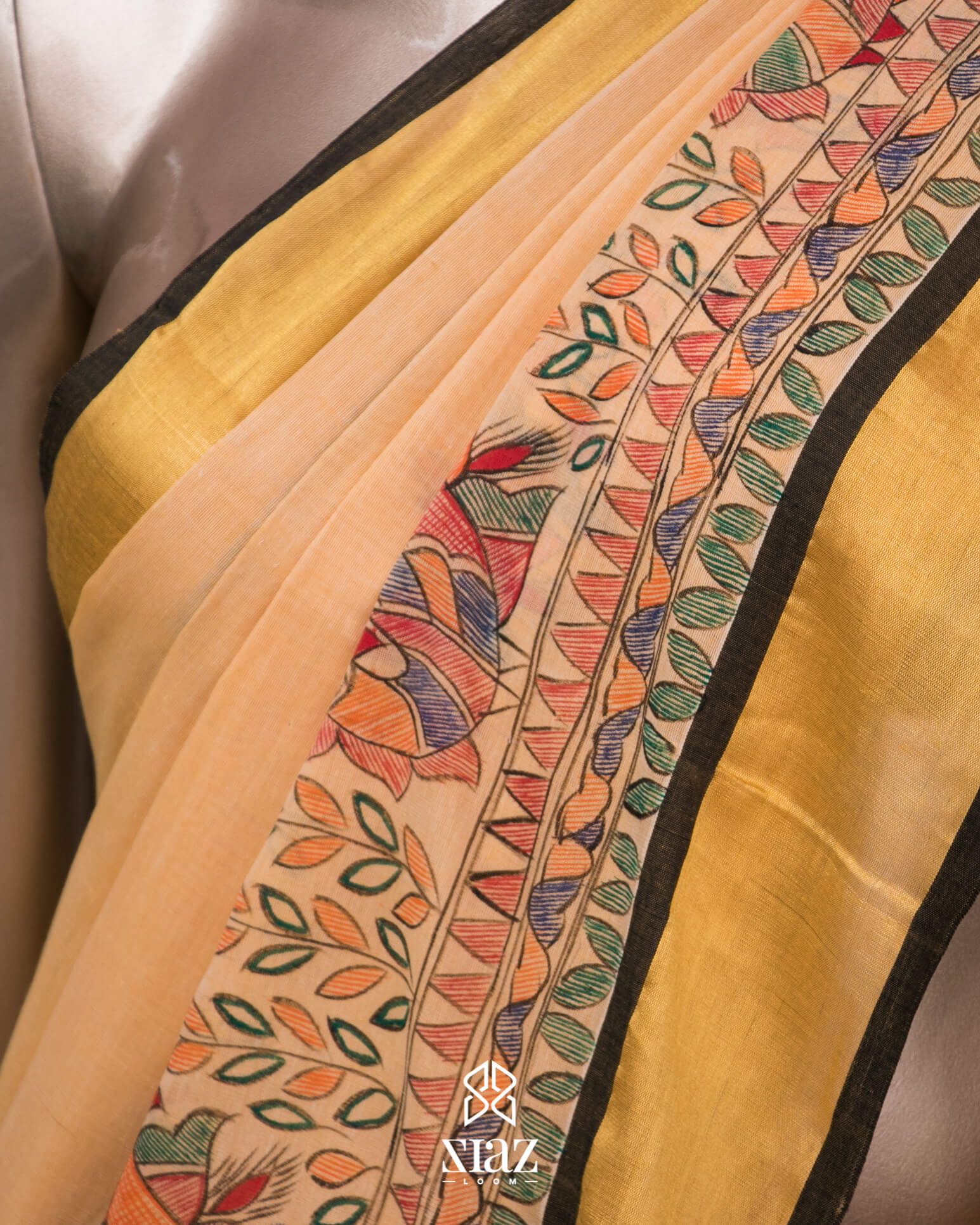 Exclusive black pure raw silk all over hand painted madhubani saree –  Sujatra