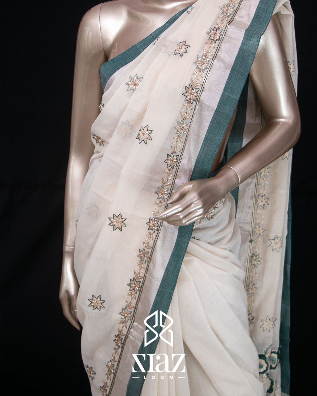 Cupid Trendz Designer Studio - SOLD OUT Baptism Special Saree Saree  Code:SR196 Price:Rs.4860 Whitish golden tissue saree with golden thread  worked pattern on upper portion.. Golden beads with tissue border is given