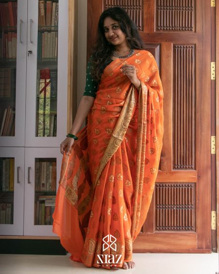 BNPC2201002 Siazloom Chiffon Handwoven Orange Banarasi saree