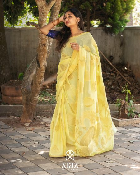 BNPC2201001 Siazloom Chiffon Handwoven Lemon Yellow Banarasi saree with Golden Motifs.