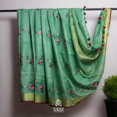 SIAZ LOOM - Green BHAGALPURI HANDLOOM LINEN SAREE with Red and Pink Flowery Embroidered Patterns, Golden Striped Pallu and Similar Zari Border. Chilly Red Blouse