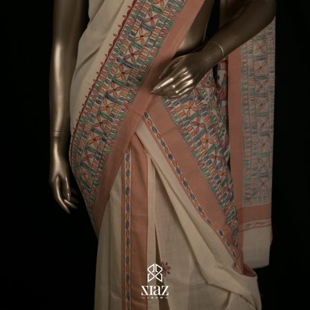 SIAZ LOOM - Handloom Kerala Mundu Veshti (Set Mundu Neeriyathu) with Madhubani Art Hand Paintings - Peach Border (Kara) and Pallu