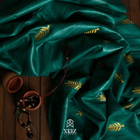 SIAZ LOOM - Handwoven Bhagalpuri Tussar Silk Thread Work Sarees - Dark Green - Yellow