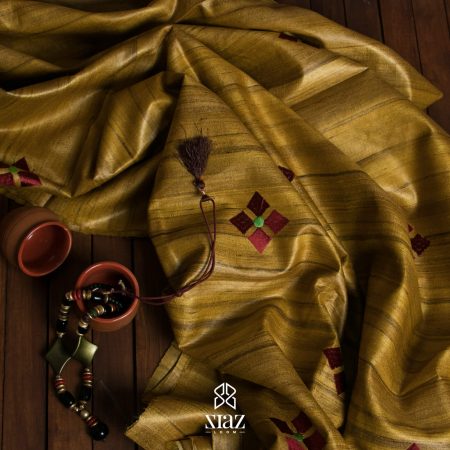 SIAZ LOOM - Handwoven Bhagalpuri Tussar Silk Thread Work Sarees - Ochre - Maroon
