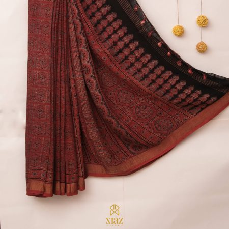 SIAZ LOOM - Linen saree Ajrakh Natural Dye Handblock print - Brick Red