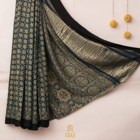 SIAZ LOOM - Modal Silk Saree Ajrakh Natural Dye Handblock Print - Blue