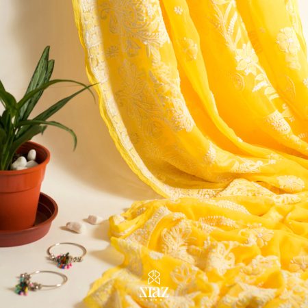 SIAZ LOOM - Pure Georgette Bright Yellow Heavy Chikankari Saree